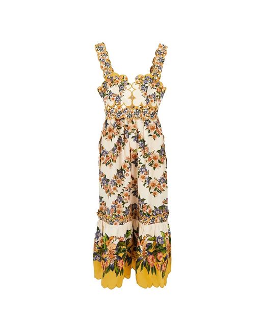 Farm Rio Metallic Floral-Print Scalloped-Trim Dress
