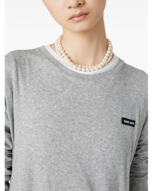 Miu Miu Gray Logo-Patch Long-Sleeve T-Shirt