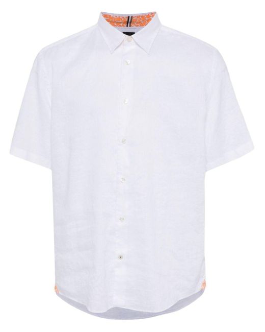 Boss White Classic-collar Linen-blend Shirt for men