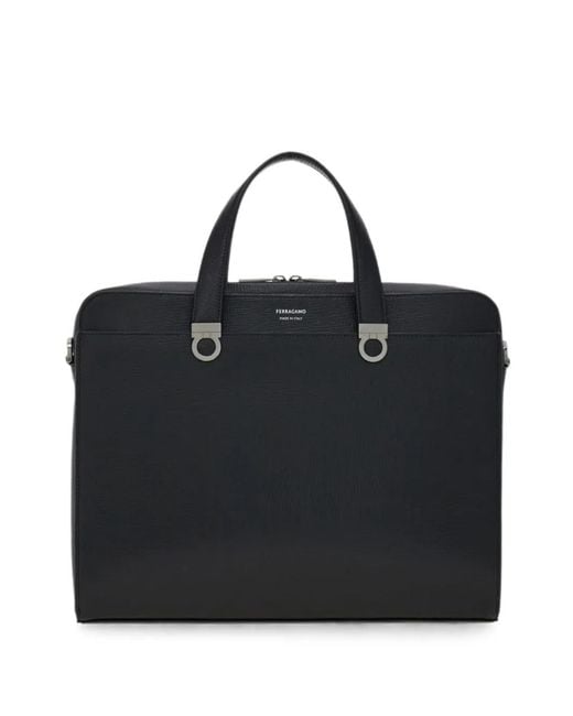 Ferragamo Black Gancini Grained Briefcase for men