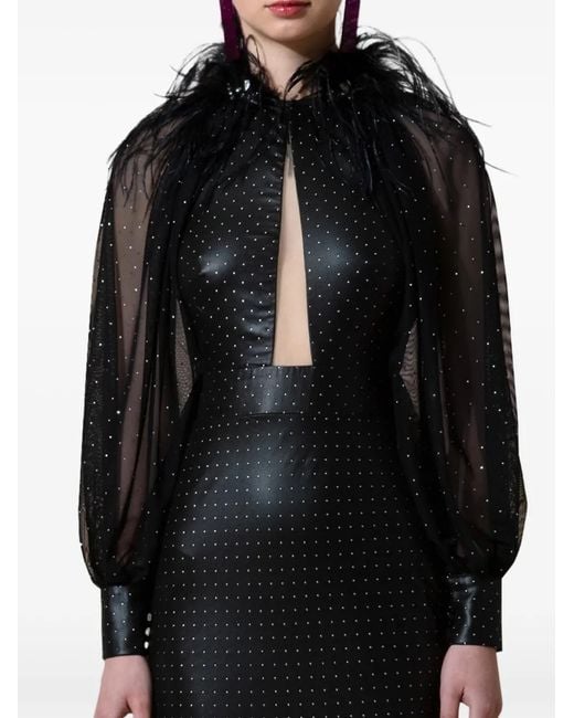 Gemy Maalouf Black Feather-Trim Crystal-Embellished Dress