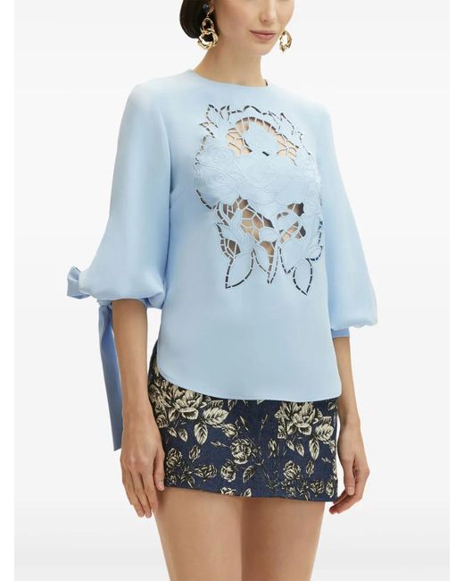 Oscar de la Renta Blue English Rose Cut-Out Georgette Blouse