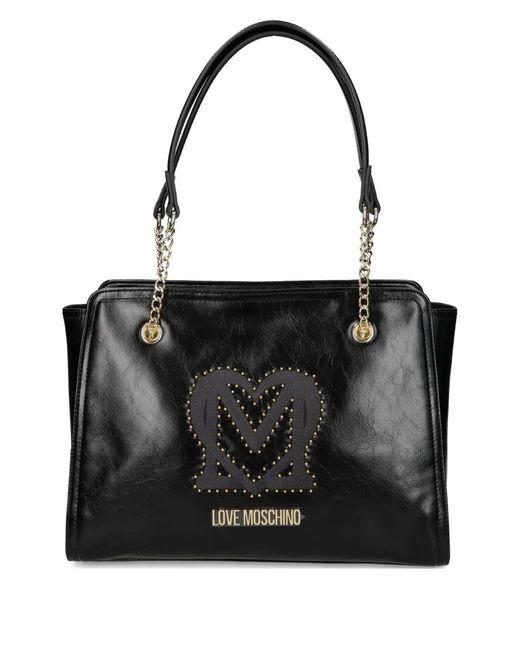 Love Moschino Black Logo-Plaque Studded Shoulder Bag
