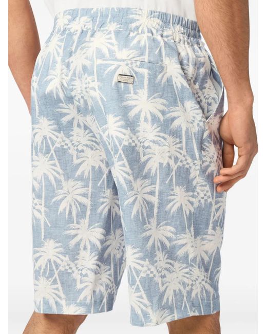 Philipp Plein Blue Kid Fit Chambray-Print Shorts for men