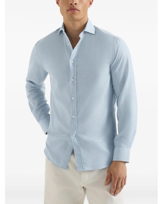 Brunello Cucinelli Blue Cotton And Cashmere Denim-Effect Diagonal Shirt With Spread Collar for men