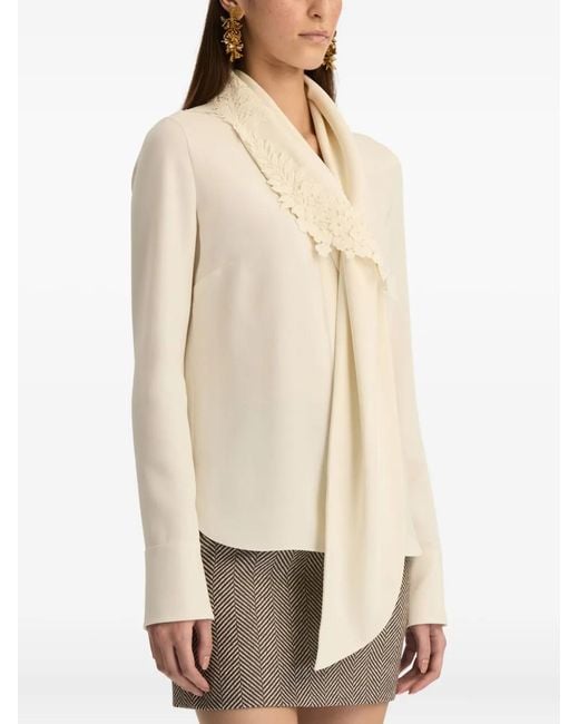 Oscar de la Renta White Tie-Neck Georgette Blouse