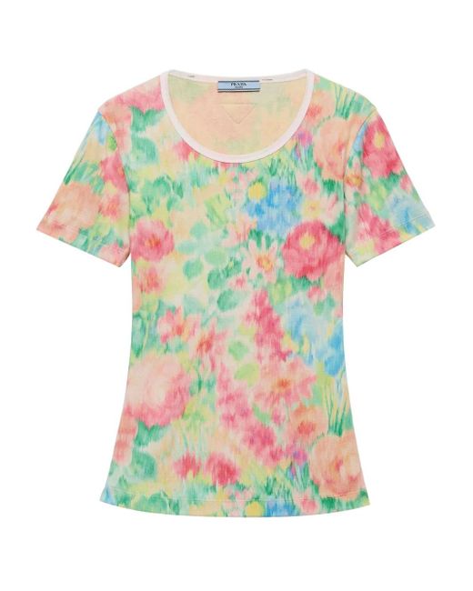 Prada White Geripptes T-Shirt Mit Blumen-Print