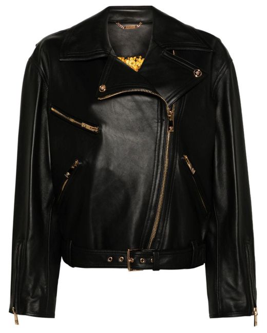 Versace Black Belted Leather Biker Jacket