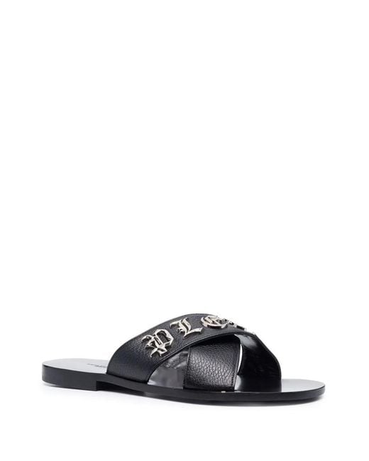 Philipp Plein Black Cross-Strap Leather Slides for men
