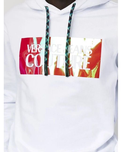 Versace Jeans Couture White Logo-Print Drawstring Hoodie for men