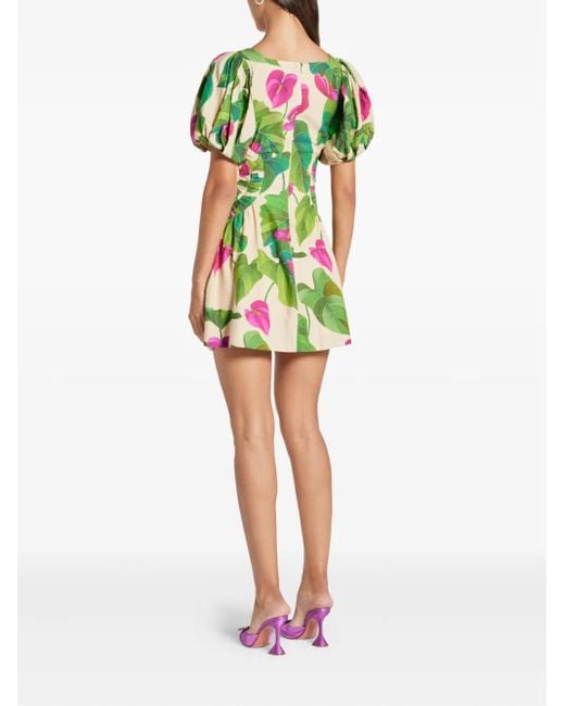 Farm Rio Green Puff-Sleeve Floral-Print Mini Dress