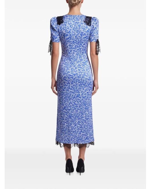 POST MERIDIEM Blue Floral-Print Lace-Trim Midi Dress