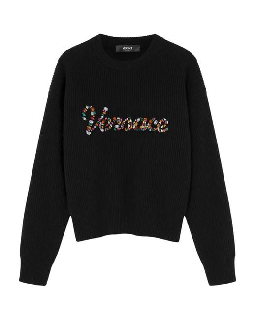 Versace Black Embroidered Wool Knit Sweater