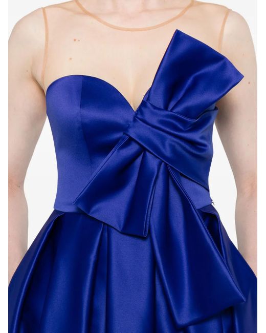 Nissa Blue Bow-Detail Mesh-Insert Midi Cocktail Dress