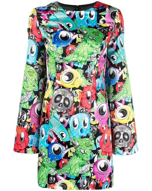 Philipp Plein Blue Graphic-Print Long-Sleeve Dress