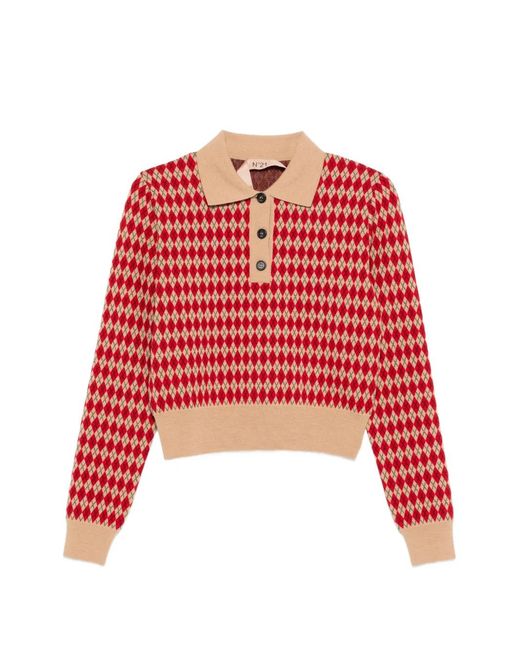 N°21 Red Diamond-Pattern Polo Shirt