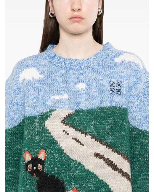 Loewe Green X Louis Wain Landscape-Intarsia Sweater