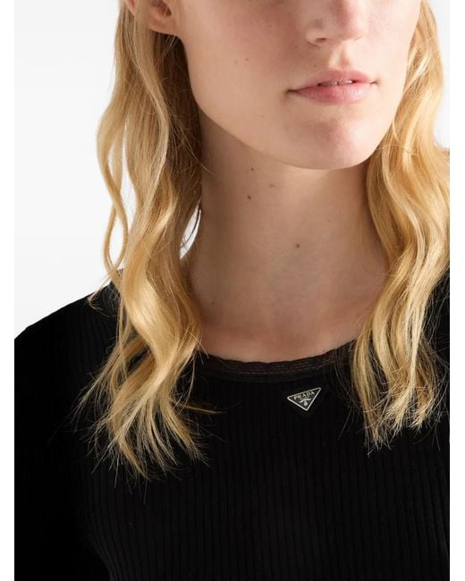 Prada Black Cropped Ribbed Cotton T-Shirt