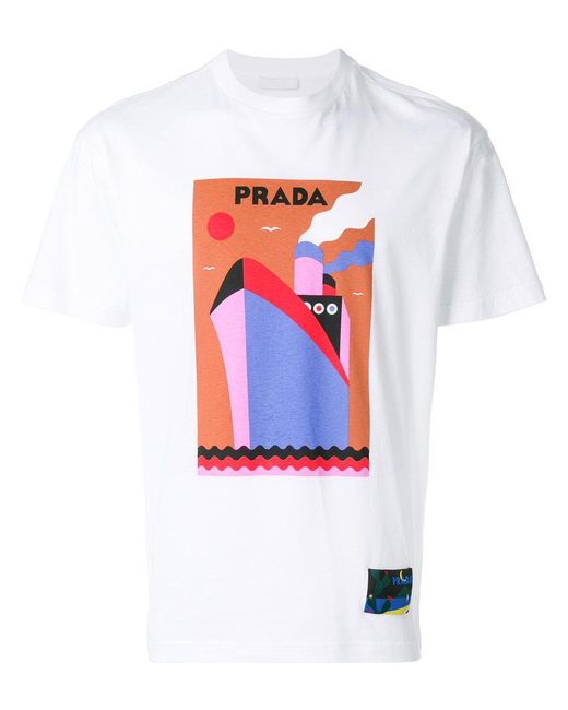 Prada White Cruise Ship Print T-shirt for men