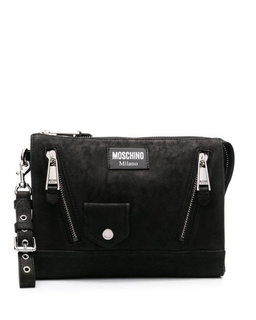 Moschino Black Zipped Leather Clutch Bag for men