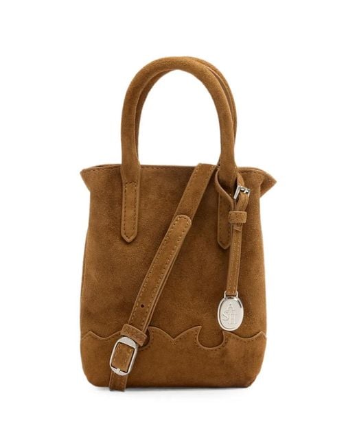 Ash Brown Calf Suede-Effect Scalloped-Edge Mini Tote Bag