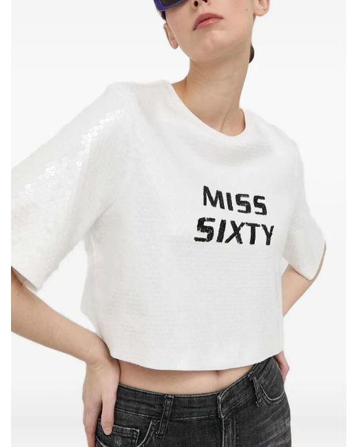 Miss Sixty White Sequin-Embellished Cropped Top