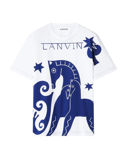 Lanvin Blue Graphic Print Round Neck T-Shirt With Tonal Topstitching for men
