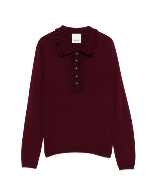 Allude Red Ruffle-Trimmed Button-Up Sweater