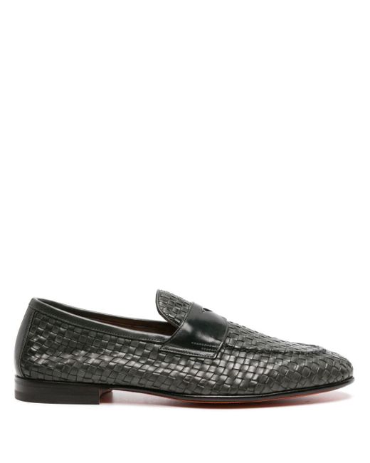 Santoni Gray Woven Leather Penny Loafers for men