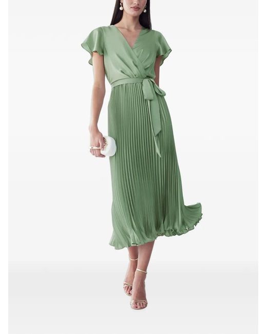 Willa Green Pleated Wrap-Style Midi Dress