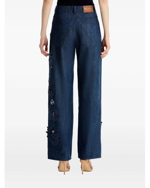 Oscar de la Renta Blue Flower-Detail Denim Jeans