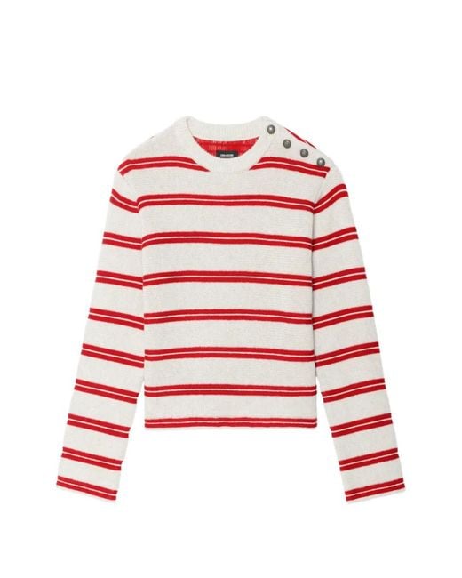 Zadig & Voltaire Red Spikyz Striped Buttoned-Detail Wool Sweater