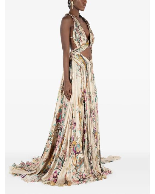 Roberto Cavalli Natural Pleated Floral-Print Dress