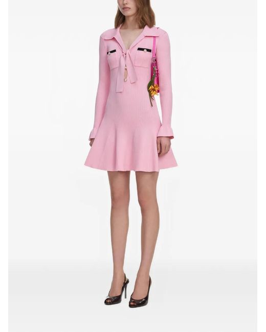 Self-Portrait Pink Pearl-Button Bow-Detail Mini Dress