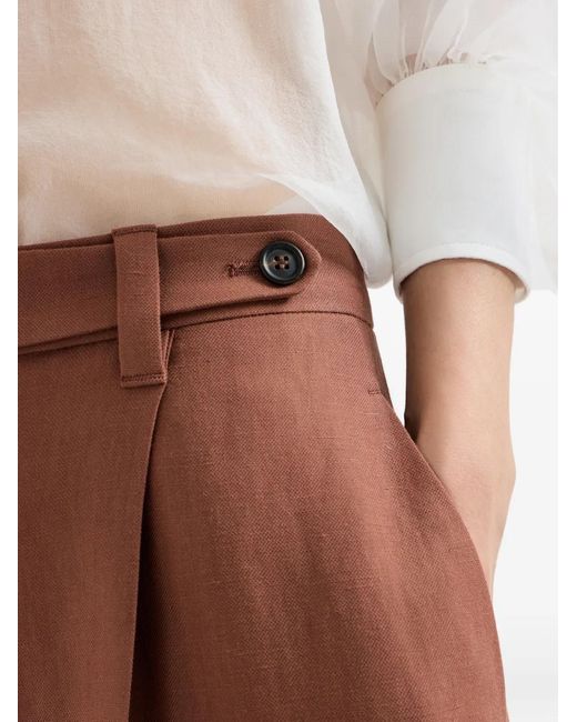 Brunello Cucinelli Brown Pantalon Ample En Sergé Fluide De Lin Et De Viscose À Ornements Monili