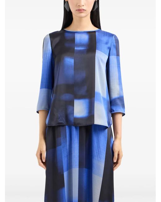 Emporio Armani Blue Colour-Block-Print Keyhole Blouse