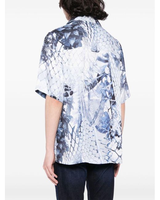 DIESEL Blue Graphic-print Camp-collar Shirt for men