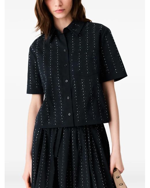 Maje Blue Cropped Rhinestone Cotton Shirt