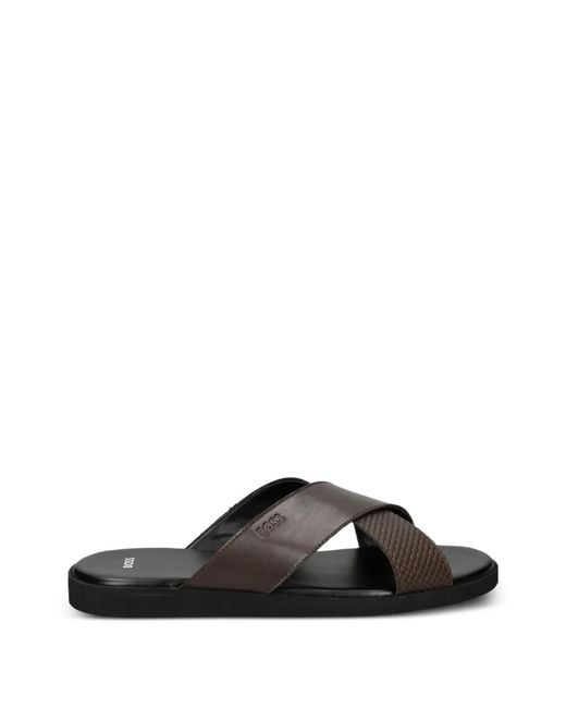 Boss Black Faux-Leather Slides With Plain And Patterned Straps for men