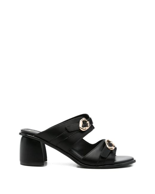 CafeNoir Black Buckle-Strap Block-Heel Sandals