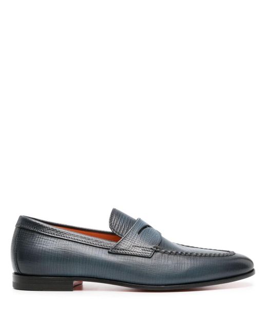 Santoni Blue Textured Leather Penny Loafers for men