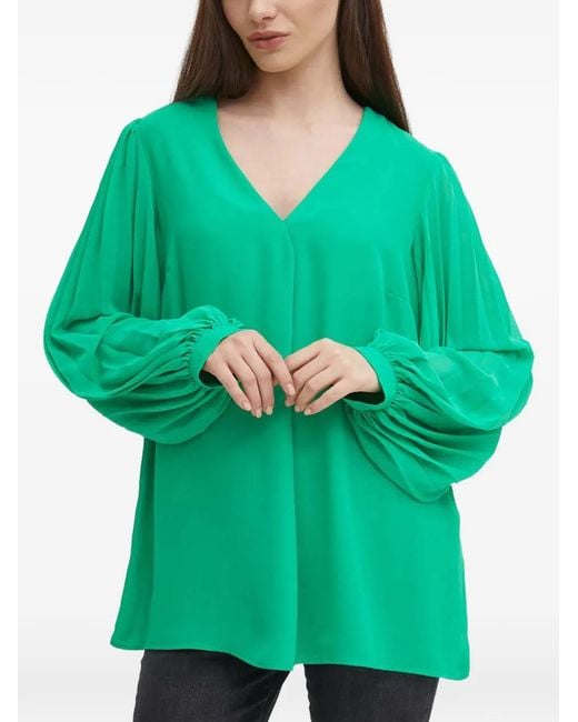 Joseph Ribkoff Green Pleated V-Neck Blouse
