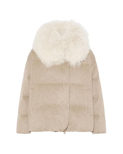 Yves Salomon White Shearling-Collar Padded Coat