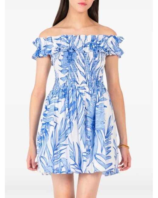 Poupette Blue Floral-Print Off-Shoulder Mini Dress