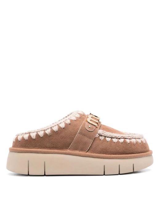 Mou Brown Logo-Appliqué Suede Mules