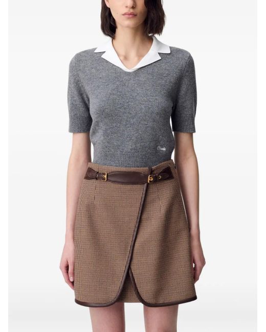 Claudie Pierlot Mini-Rok Met Pied-De-Poule Print En Leren Afwerking in het Brown