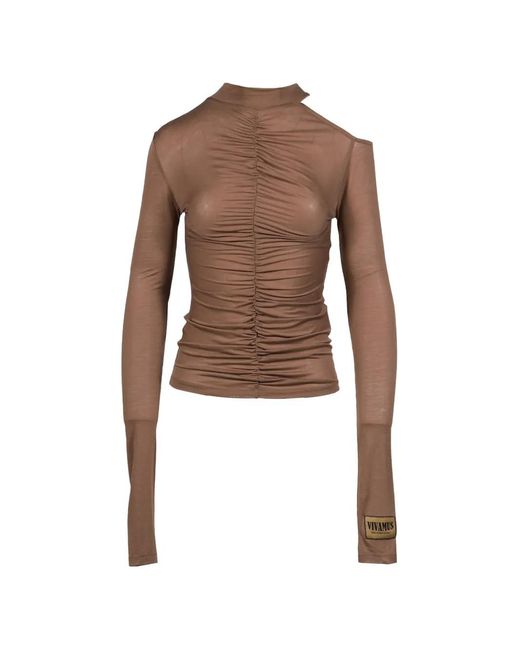 VIVAMUS Brown Gathered Cold-Shoulder Top