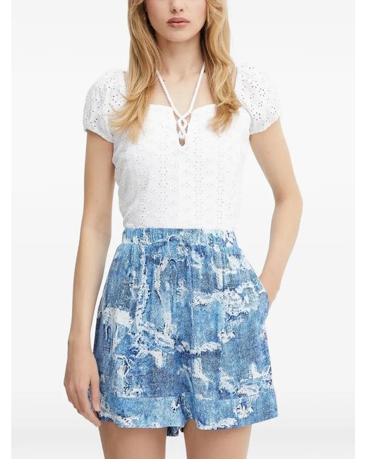 Guess Blue Broderie-Anglaise Lace-Up Top