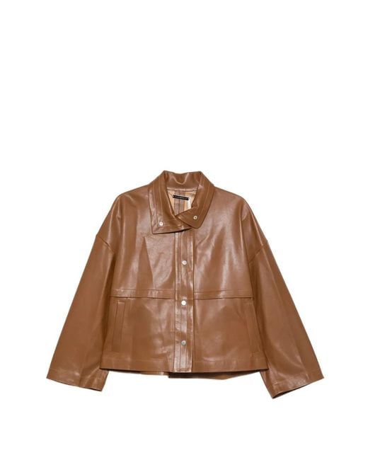 Nour Hammour Brown Park Leather Collar Jacket