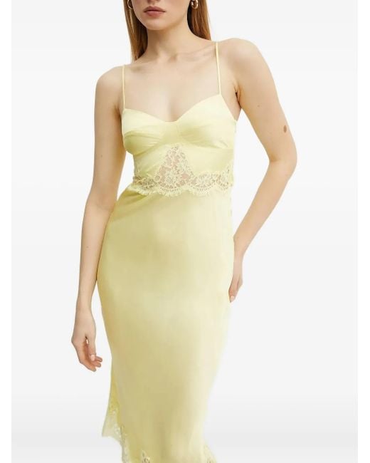 ERMANNO FIRENZE Yellow Lace-Trimmed Satin Slip Midi Dress
